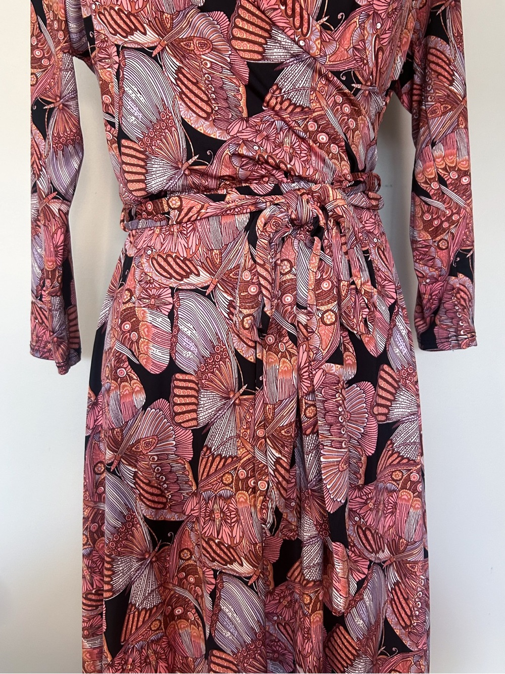 Pink Butterfly Print Whimsigoth Long Sleeve Wrap Style Mini Dress Medium - Picture 3 of 7